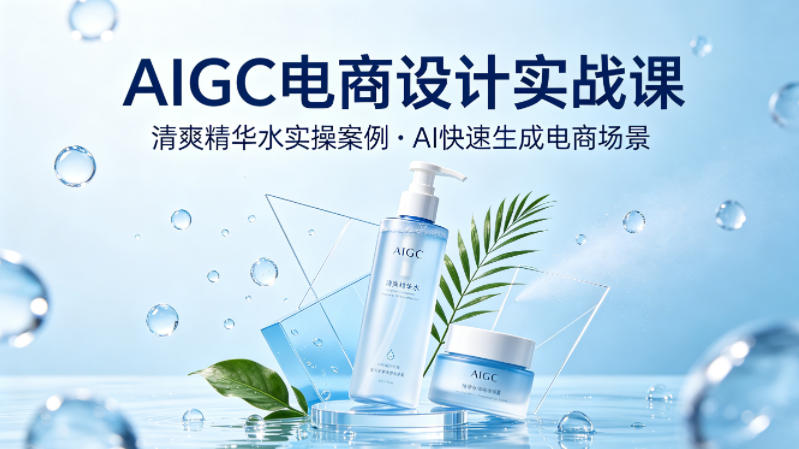 AIGC电商设计实战课，以清爽精华水为实操案例，教你用AI快速生成电商场景-极速搞钱指南