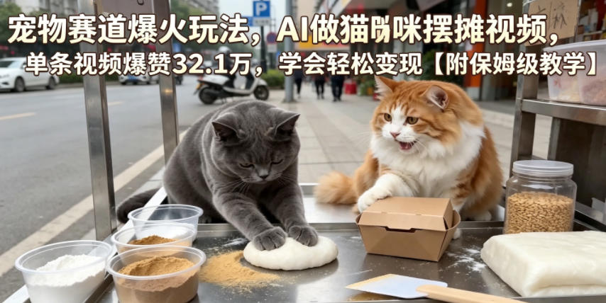 宠物赛道爆火玩法,AI做猫咪摆摊视频,单条视频爆赞32.1万,学会轻松变现【附保姆级教学】-一个小目标云网创