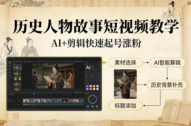 历史人物故事短视频教学，AI+剪辑制作历史人物题材短视频，快速起号涨粉-小目标云网创
