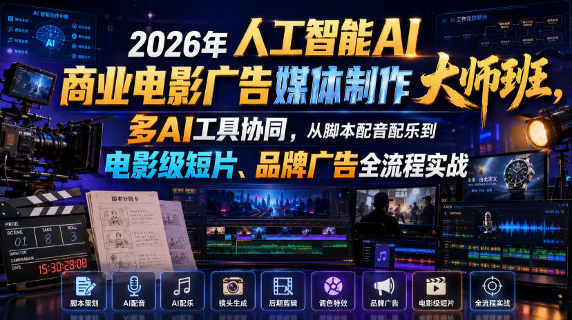 2026年人工智能AI商业电影广告媒体制作大师班,多AI工具协同,从脚本配音配乐到电影级短片、品牌广告全流程实战(中英字幕)-小目标云网创
