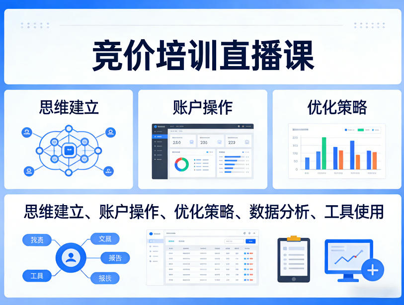 竞价培训直播课，覆盖思维建立、账户操作、优化策略、数据分析、工具使用等，全方位提升效果-夏姐拆项目