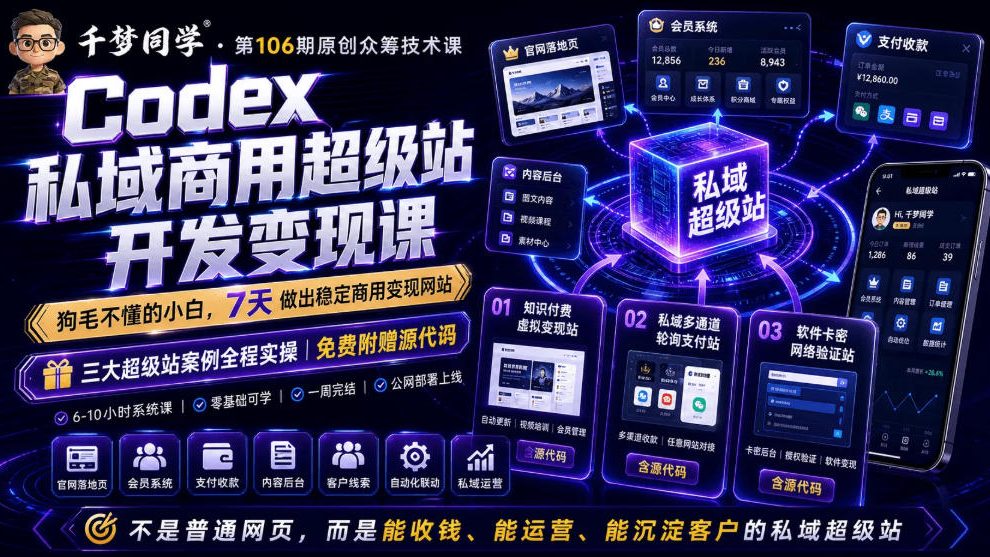 Codex私域商用超级站Ai开发变现课，7天带你从零基础到能自己动手做出能收钱、能运营、能沉淀客户的私域超级站-网创联盟云网创