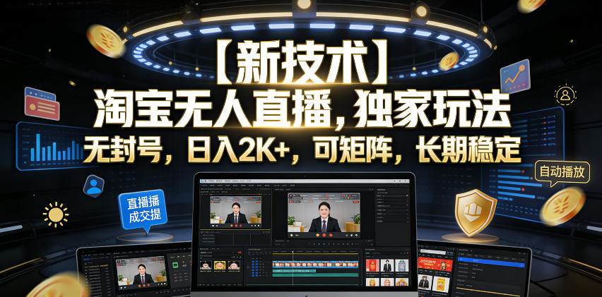 【新技术】淘宝无人直播，独家玩法，无封号，日入2K+，可矩阵，长期稳定【揭秘】-opc资源站