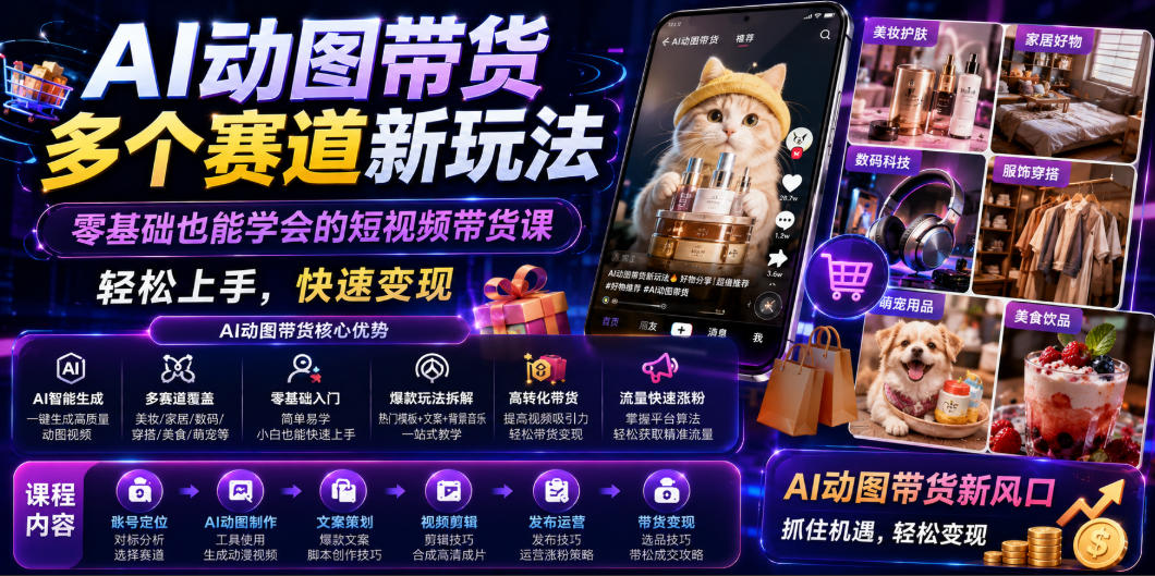 AI动图带货多个赛道新玩法，零基础也能学会的短视频带货课，轻松上手，快速变现-灵感工坊云网创