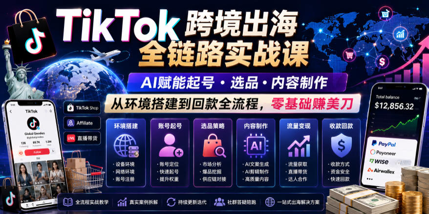 TikTok跨境出海全链路实战课，AI赋能起号・选品・内容制作，从环境搭建到回款全流程，零基础賺美刀-小目标云网创