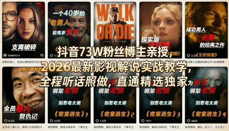 抖音73W粉丝博主亲授,2026最新影视解说实战教学,全程听话照做,直通精选独家-小目标云网创