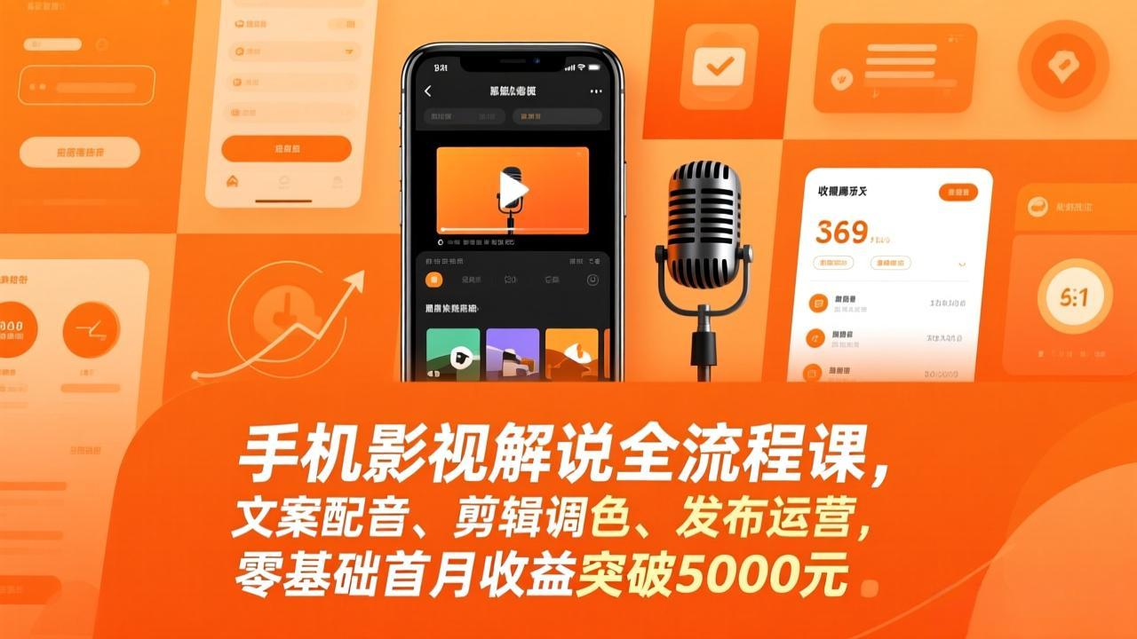 手机影视解说全流程课，文案配音、剪辑调色、发布运营，零基础首月收益突破5000元-小目标云网创
