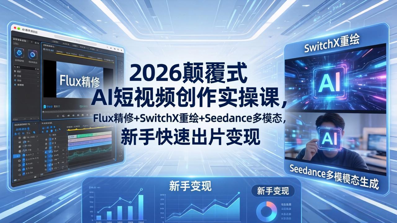 2026颠覆式 AI短视频创作课-5月更新，Flux精修+SwitchX重绘+Seedance多模态，新手快速出片变现-极速搞钱云网创