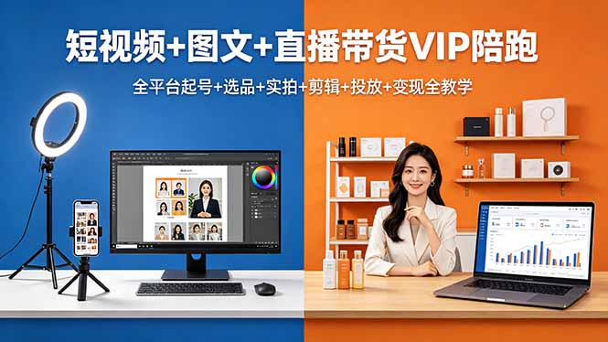 短视频+图文+直播带货VIP陪跑，全平台起号+选品+实拍+剪辑+投放+变现全教学-黑猫科技云网创