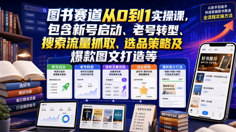 图书赛道从0到1实操课,包含新号启动、老号转型、搜索流量抓取、选品策略及爆款图文打造等-小目标云网创
